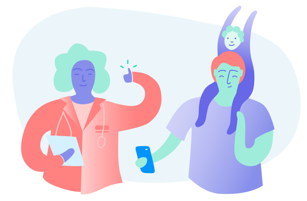 Graphic of patient speaking to provider, patient is holding a mobile device and a child.