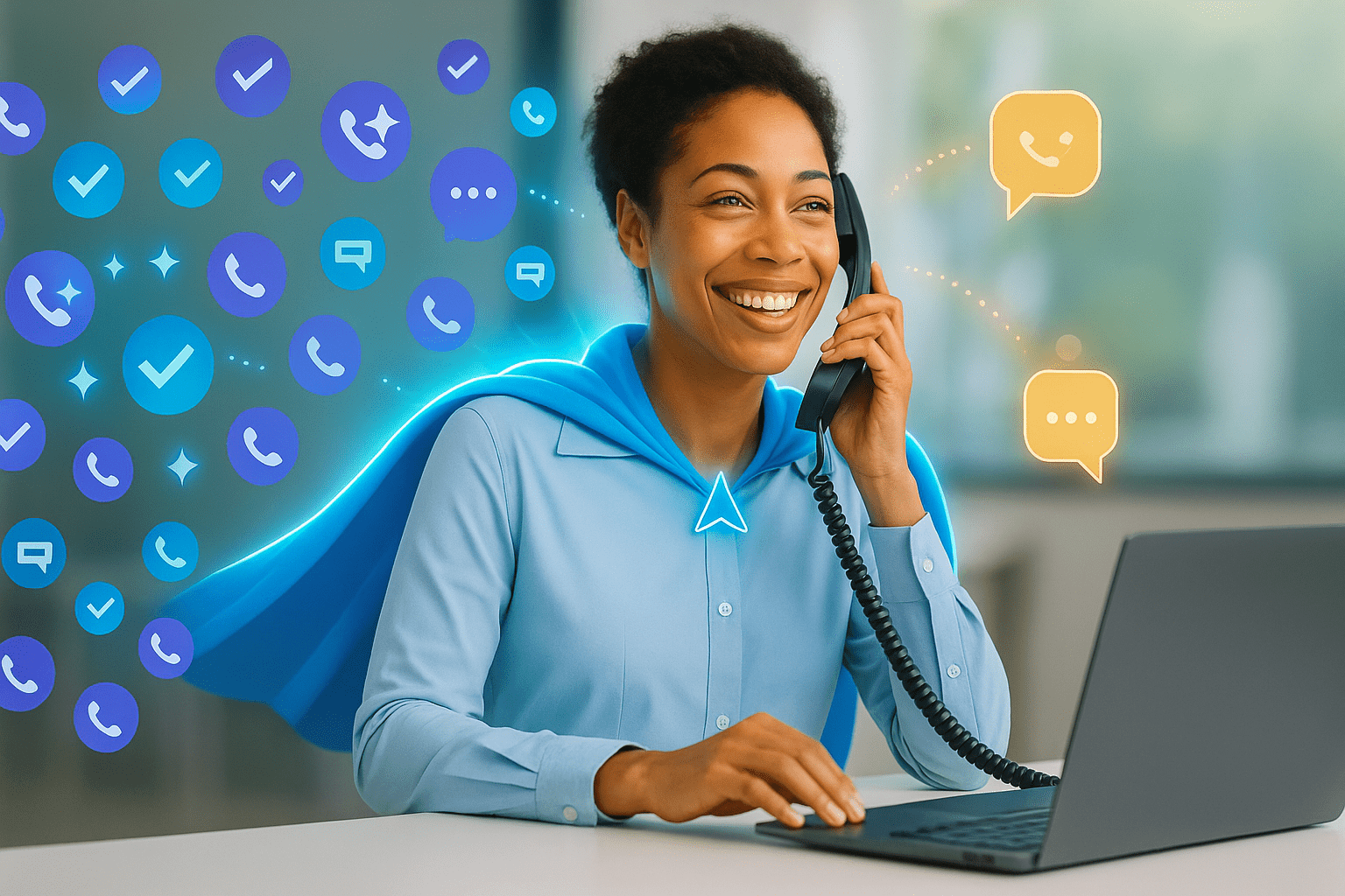 Front desk staff empowered by AI assistant handling call volume, superhero cape, AI icons managing calls and texts