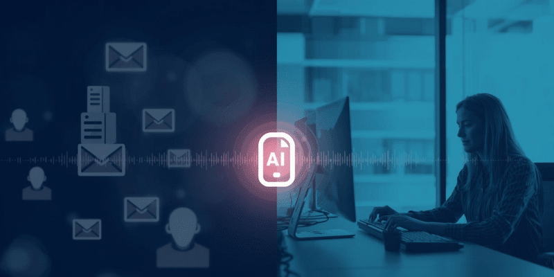 types on a computer while an AI agent takes care of incoming emails and patient calls