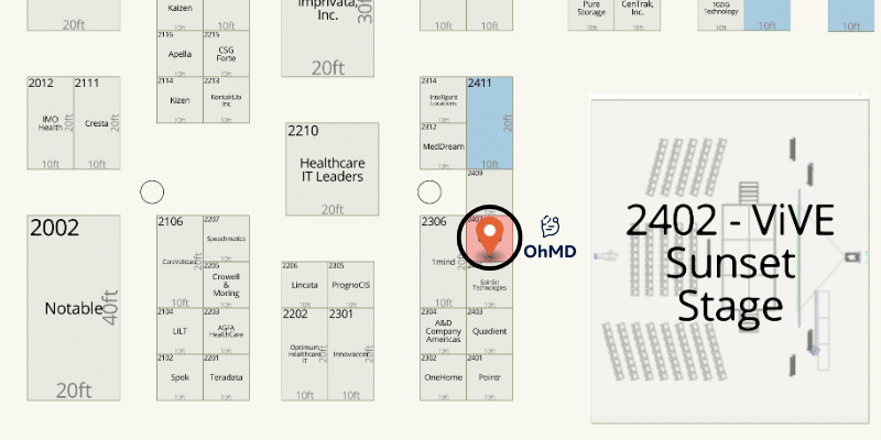Map of a convention floor at ViVE 2025, with OhMD's booth highlighted