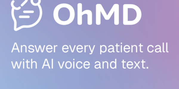 OhMD logo with text "Answer every patient call with AI voice and text"