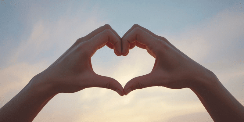 two hands forming a heart in front of a sunset