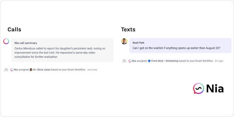 Two automated responses by Nia, OhMD's AI voice agent