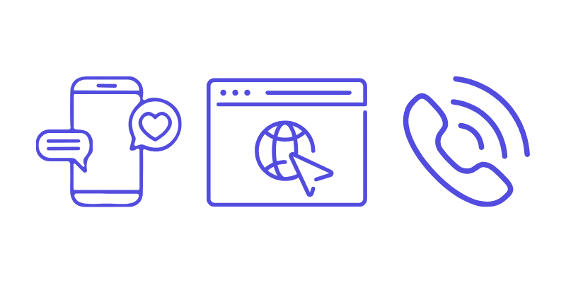 icons next to one another, a phone texting, a website, and a ringing phone