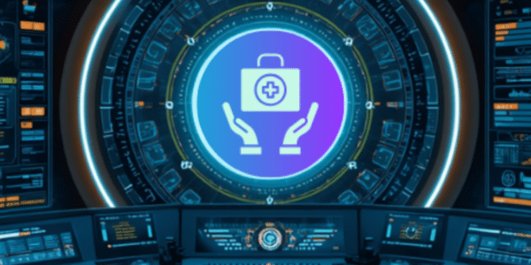 A mission control panel with two hands supporting a medical bag at the center.