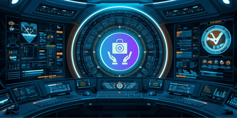 Inside mission control, like NASA, except in the main view are a pair of hands supporting a medical bag